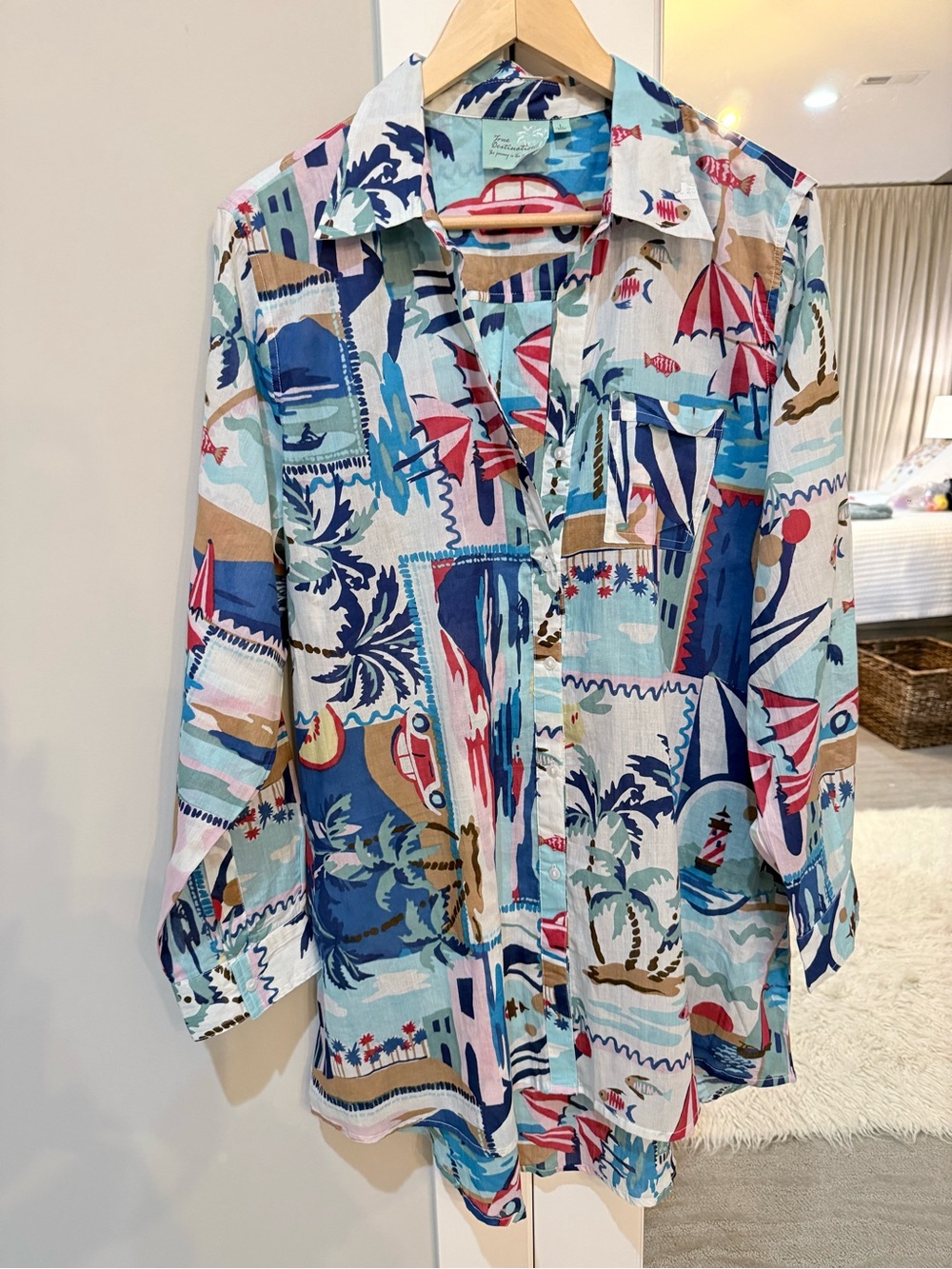 True Destinations Coastal Collage Button-Down Long Shirt- Size Large